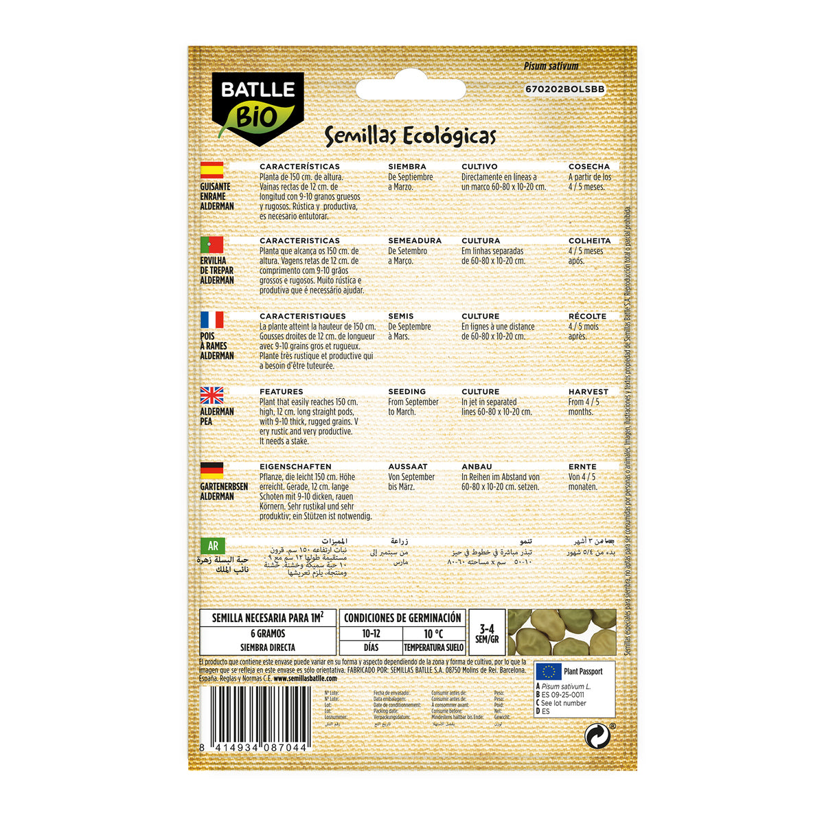 Ökologische Erbsensamen 1/2 Ranke Alderman Batlle