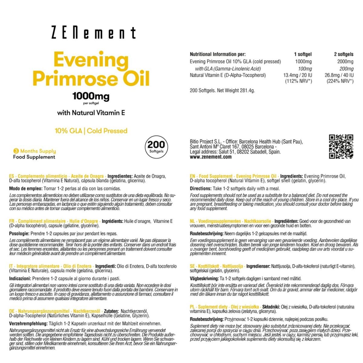 Aceite de Onagra, 1000 mg por perla, 10% GLA, prensado en frío Zenement, 200 comprimidos