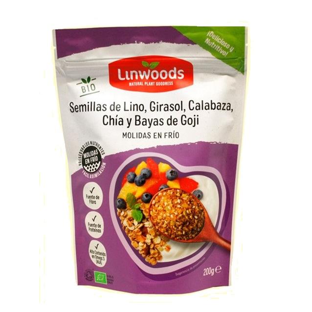 Gemahlene Bio-Samen aus Leinsamen, Sonnenblumen, Kürbis, Chia und Goji-Beeren – Linwoods 425 g