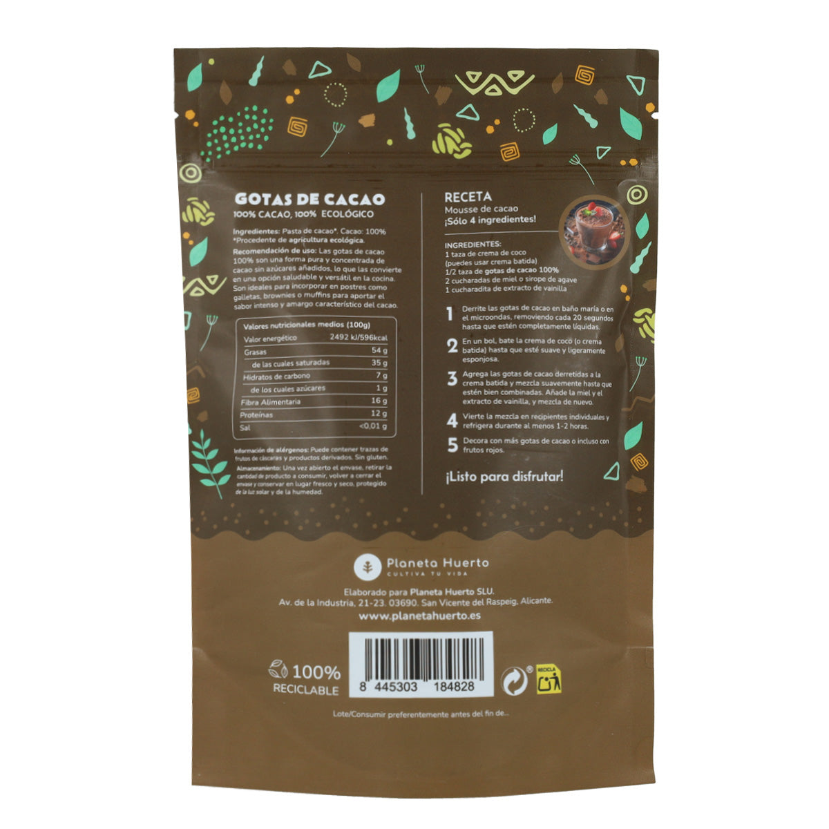 Chocoladedruppels 100% cacao ECO Planeta Huerto 200 g
