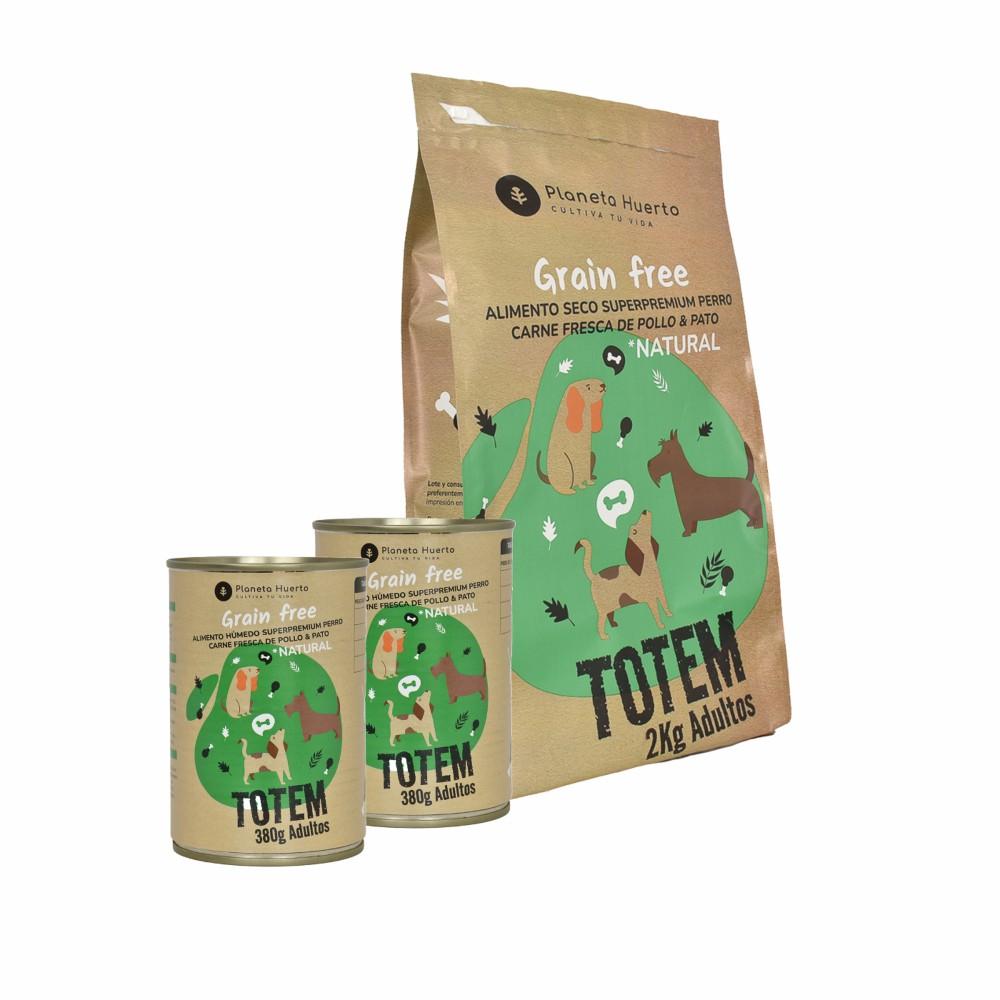 Pack Futter + Nassfutter für Hunde Superpremium Huhn & Ente Planeta Huerto (2 kg + 2 Stück)
