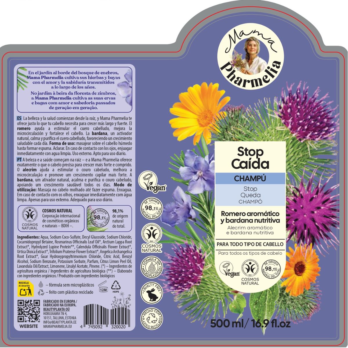 Hair Loss Prevention Shampoo with Aromatic Rosemary and Nourishing Burdock, Mama Pharmelia, 500 ml