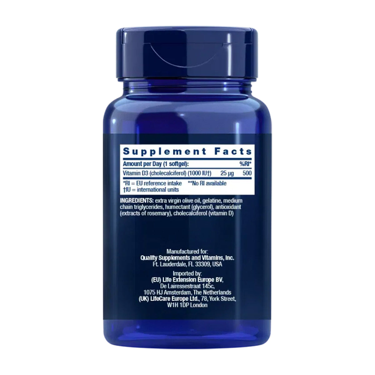 Vitamine D3 1000 IE, Life Extension 250 capsules