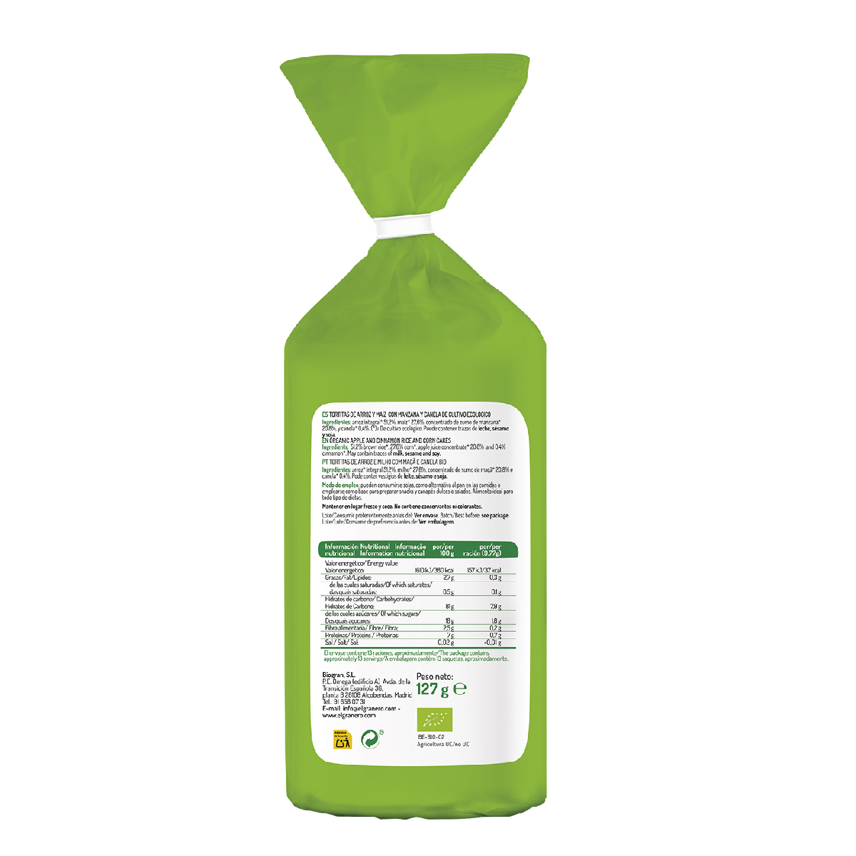 El Granero Rice and Corn Cakes with Apple and Cinnamon, 127 g