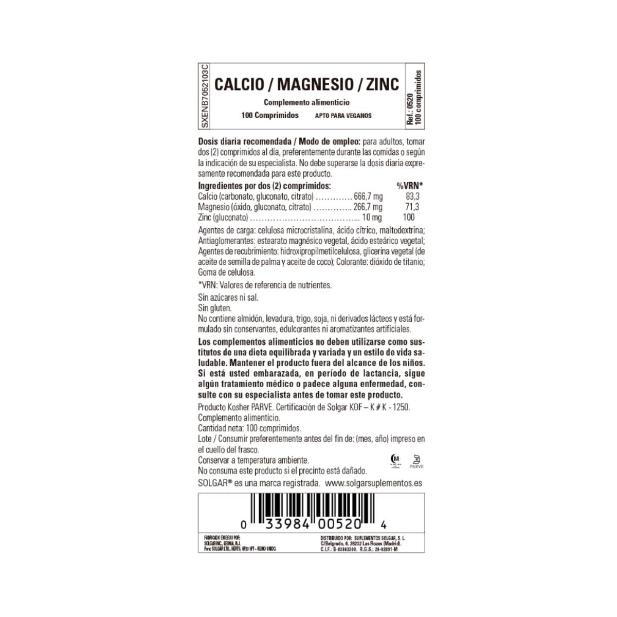 Kalzium und Magnesium mit Zink, 100 Tabletten, Solgar