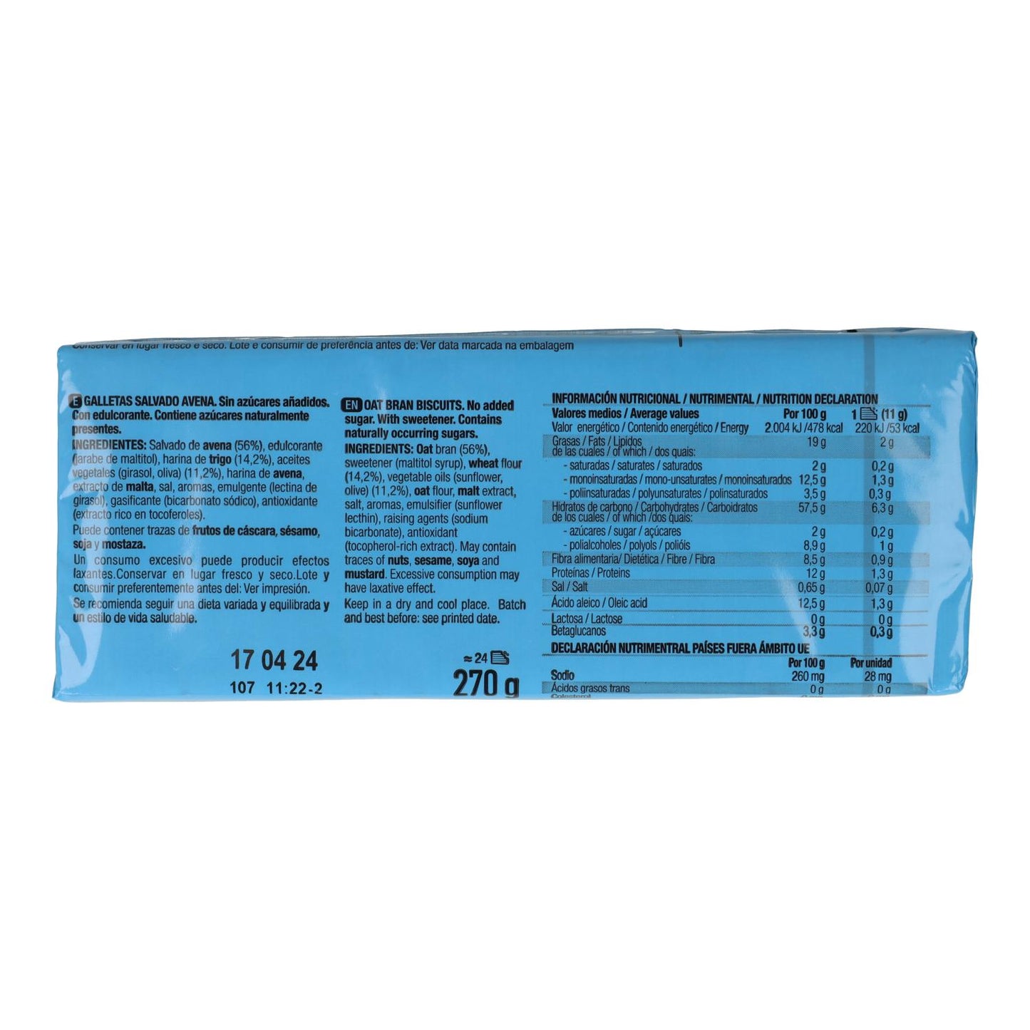 Havermoutkoekjes met zemelen 0% suiker Santiveri 270 g