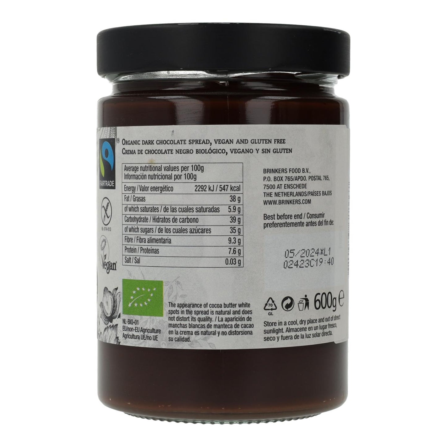 Vegane glutenfreie dunkle Schokoladencreme La Vida Vegan, 600 g