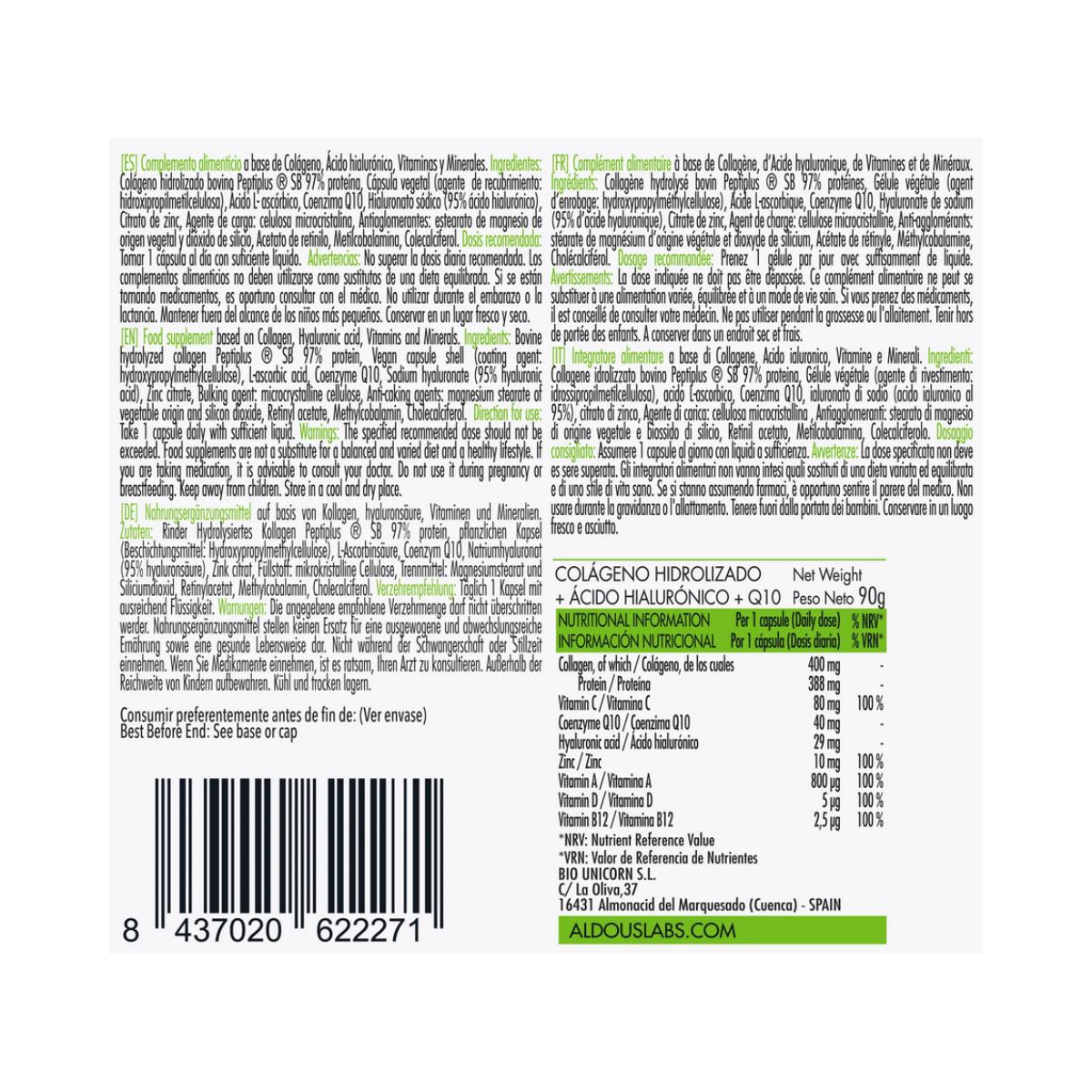 Hydrolyserat kollagen + hyaluronsyra + koenzym Q10 + vitaminer + zink, 120 kapslar Aldous Labs
