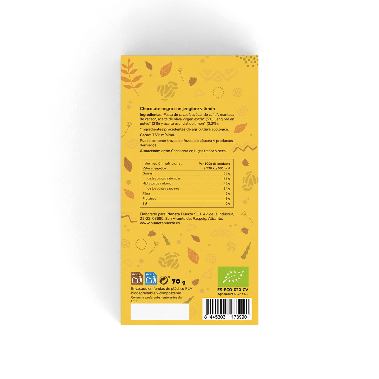 Tablette de chocolat noir 75% au gingembre et au citron ECO Planeta Huerto 70 g