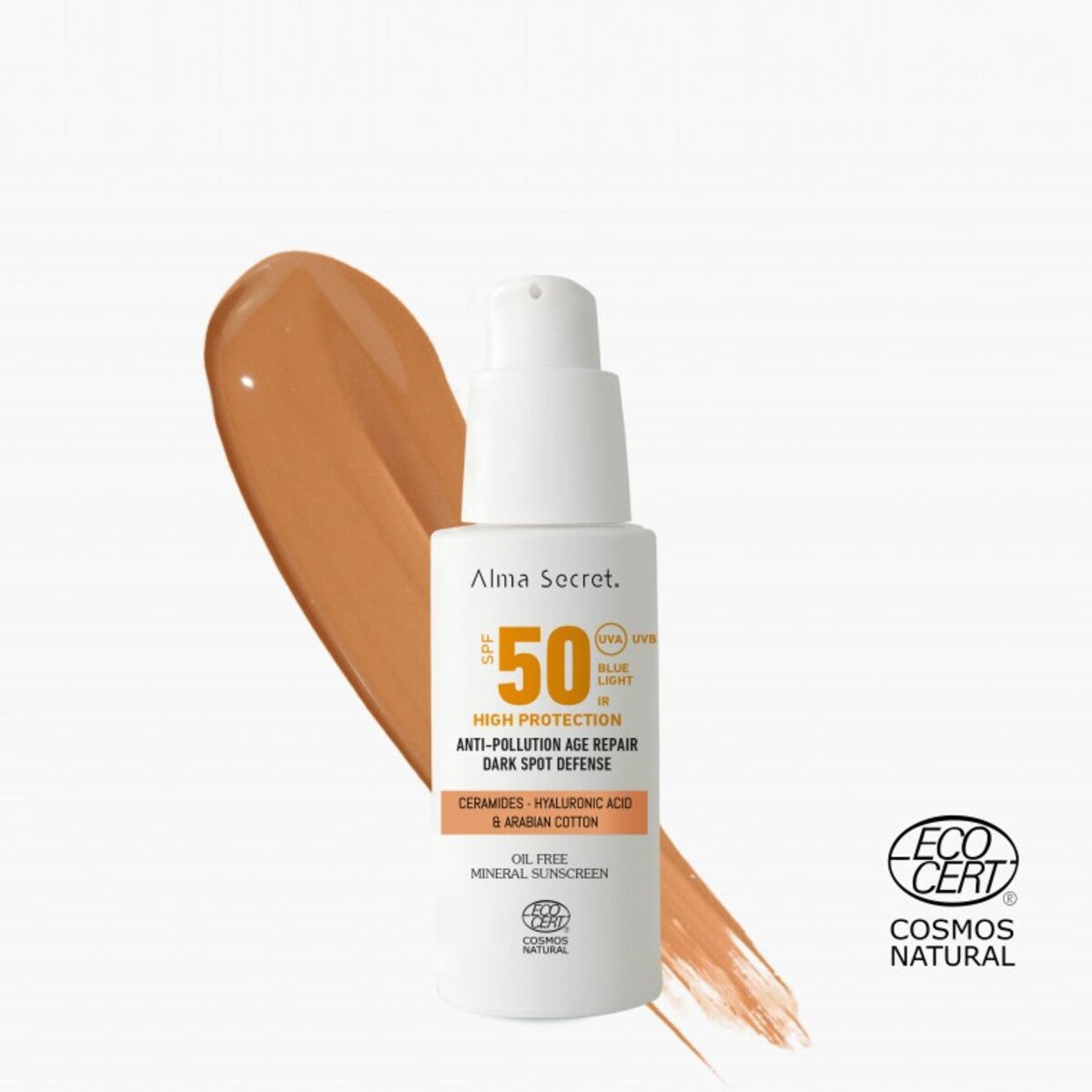 Gesichts-Sonnencreme Golden SPF 50 mit Ceramiden, gegen Hautflecken und ölfrei, Alma Secret, 50 ml