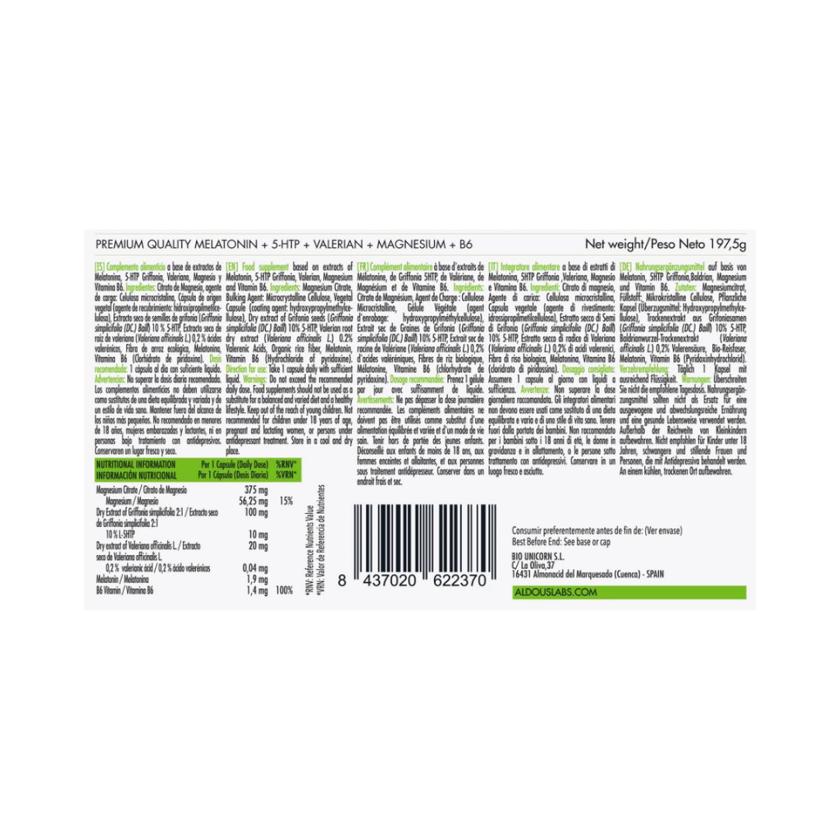 Melatonin med magnesium, 5-HTP, valeriana och vitamin B6, 250 kapslar. Aldous Labs