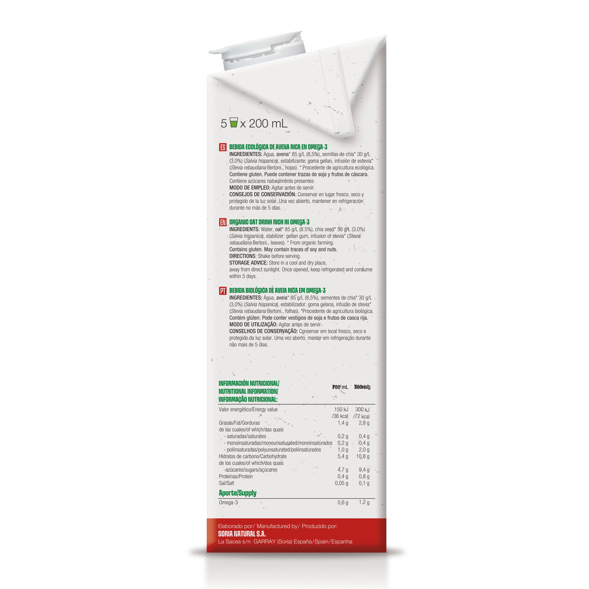 Ekologisk havredryck rik på omega 3, Soria Natural, 1 l