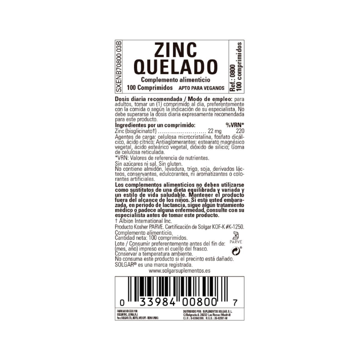 Pack 2x Zinc chélaté, 100 comprimés de 22 mg