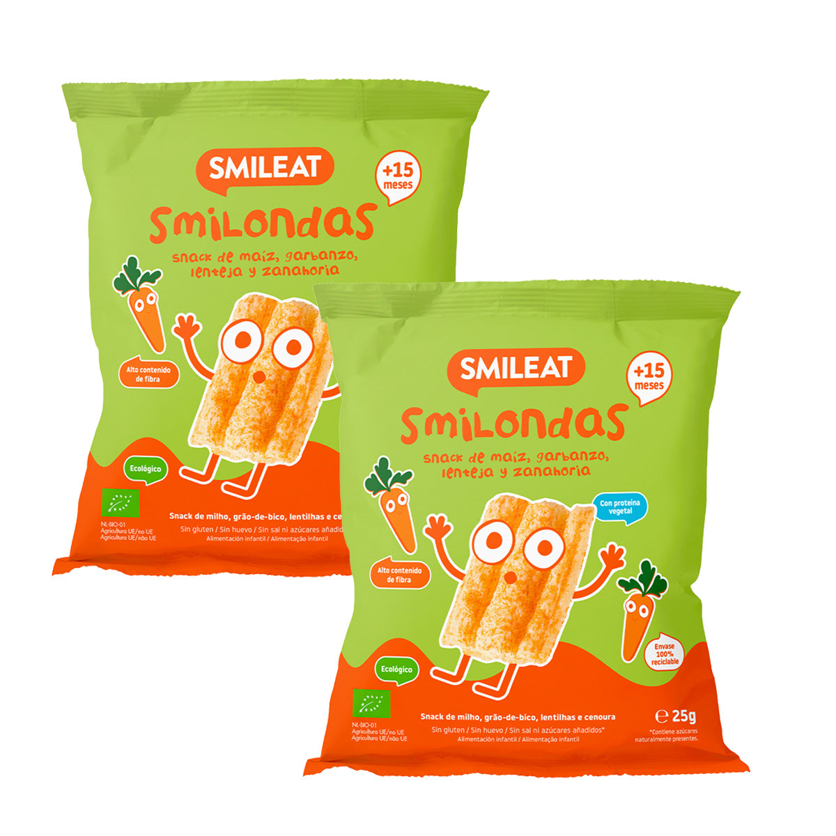 Pakket 2x Smilondas Snack van maïs, kikkererwten, linzen en wortel Eco, Smileat, 25 g