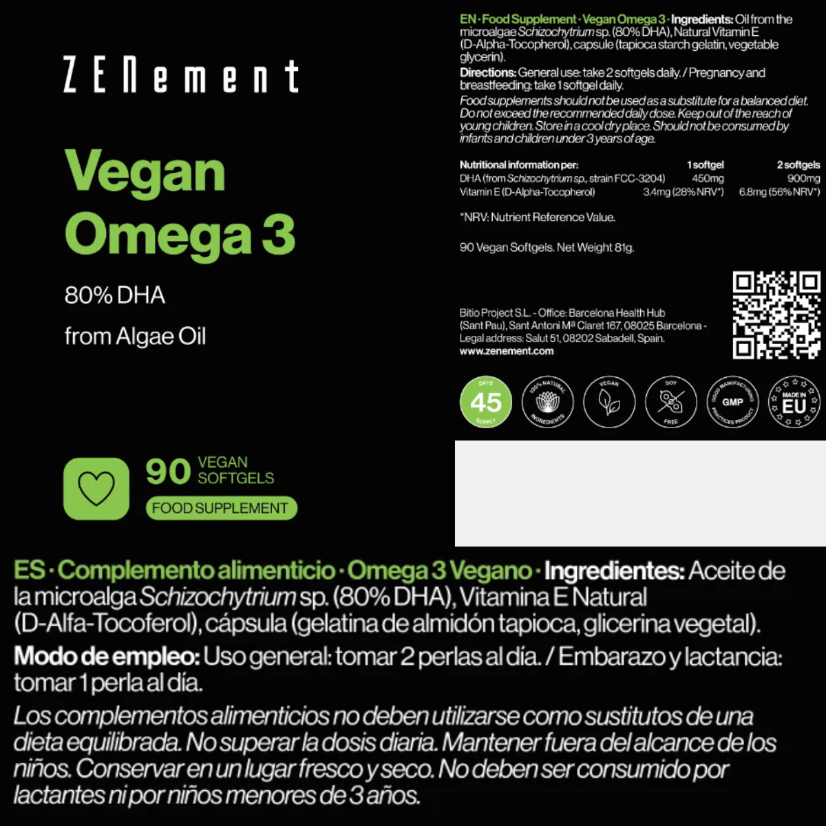 Vegan Omega 3 80% DHA from Zenement Seaweed Oil 90 capsules