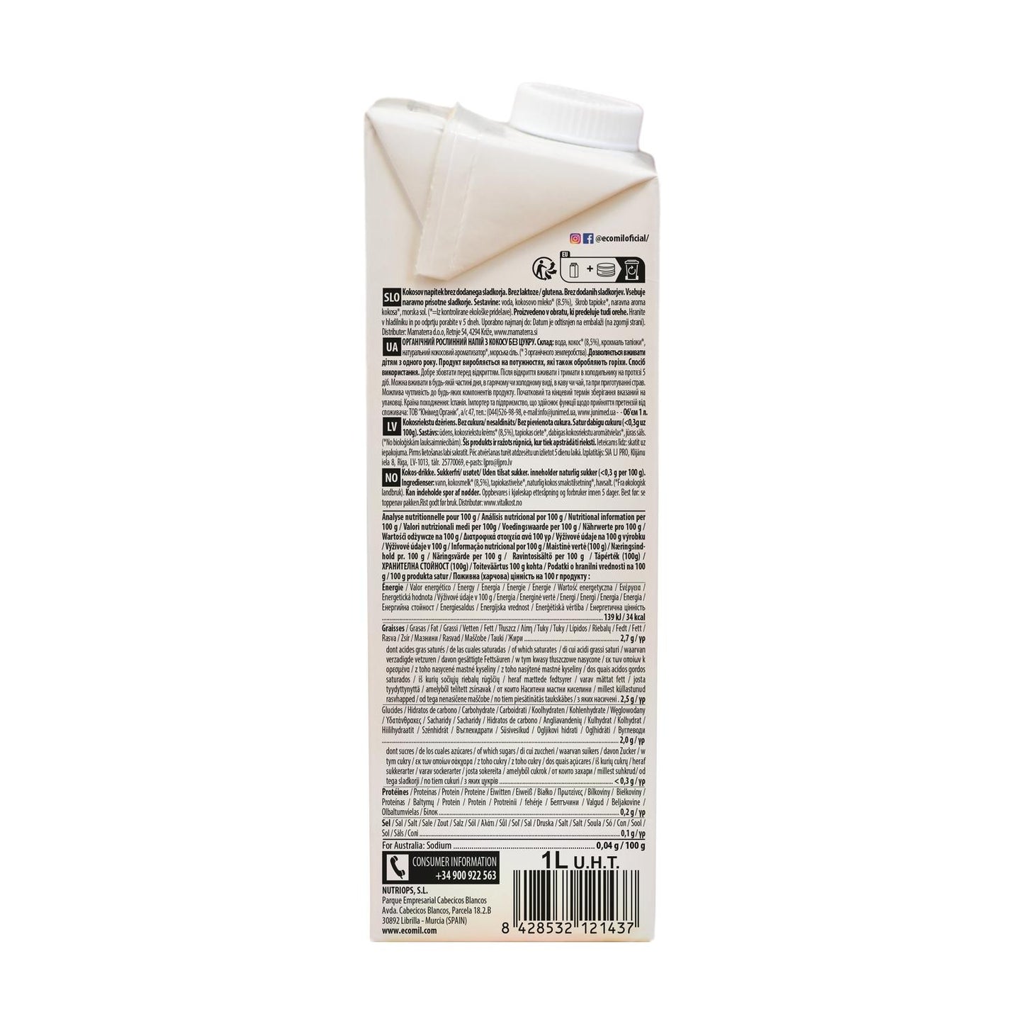 Pack 6 boissons végétales à la noix de coco EcoMil 1 l