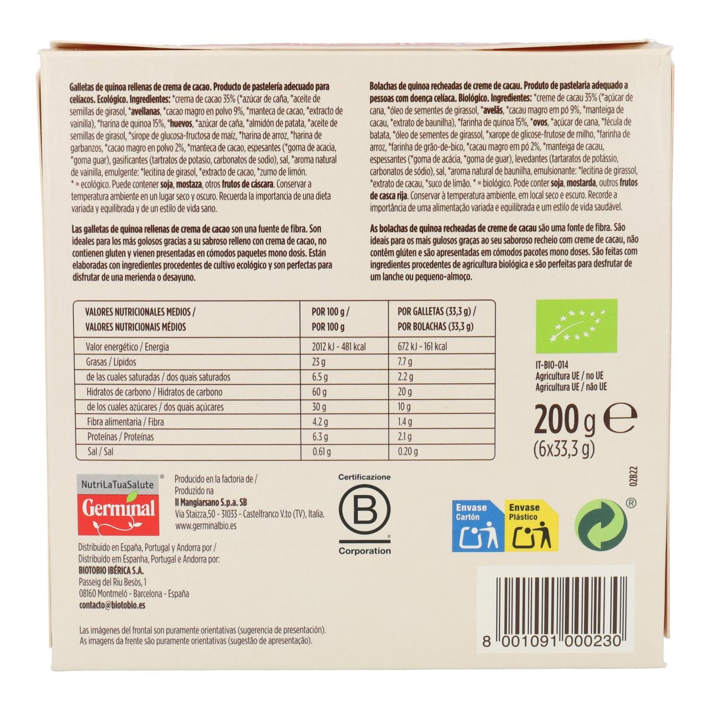 Biscotti di quinoa ripieni di crema al cacao Germinal 200 g