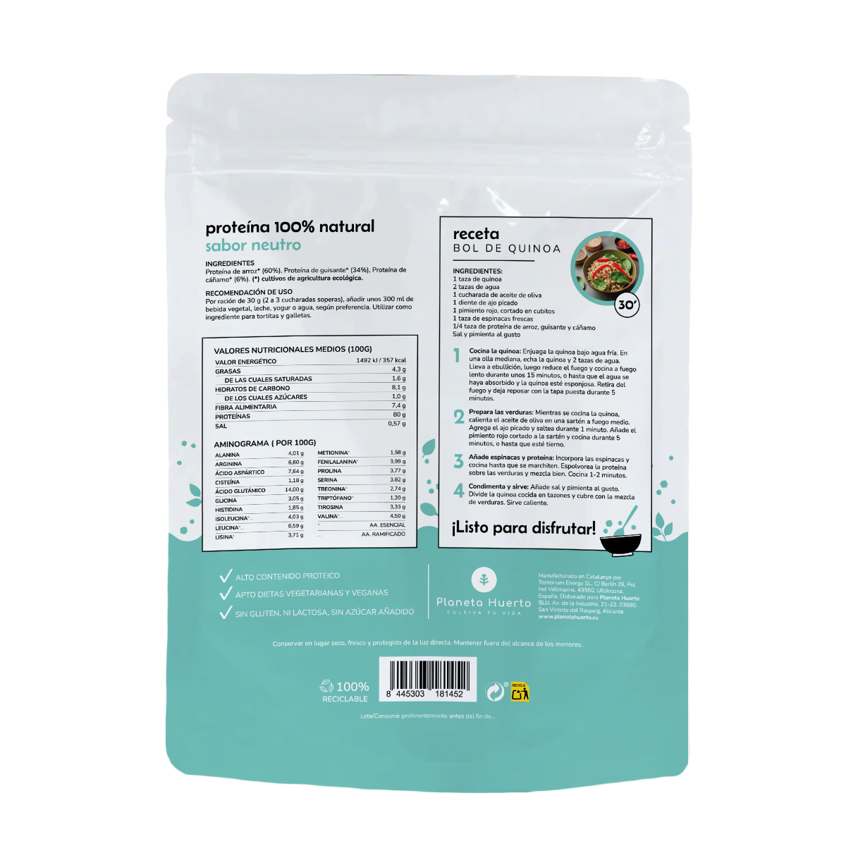 Neutral ECO vegetabiliskt protein 80% Planeta Huerto 500 g