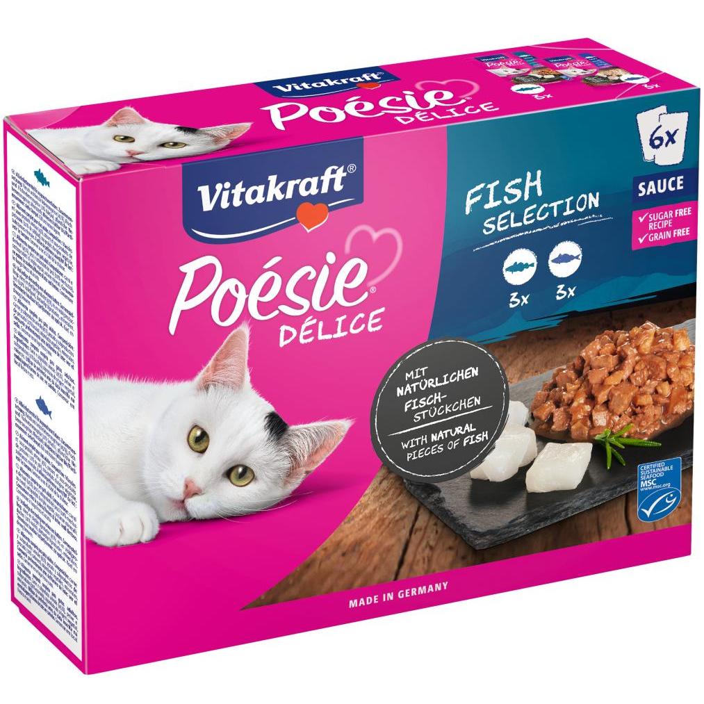 Vitakraft MULTIPACK Poésie Deli Fischsauce 6 x 85 g (3 Stück Pollack + 3 Stück Kabeljau) Nassfutter für Katzen