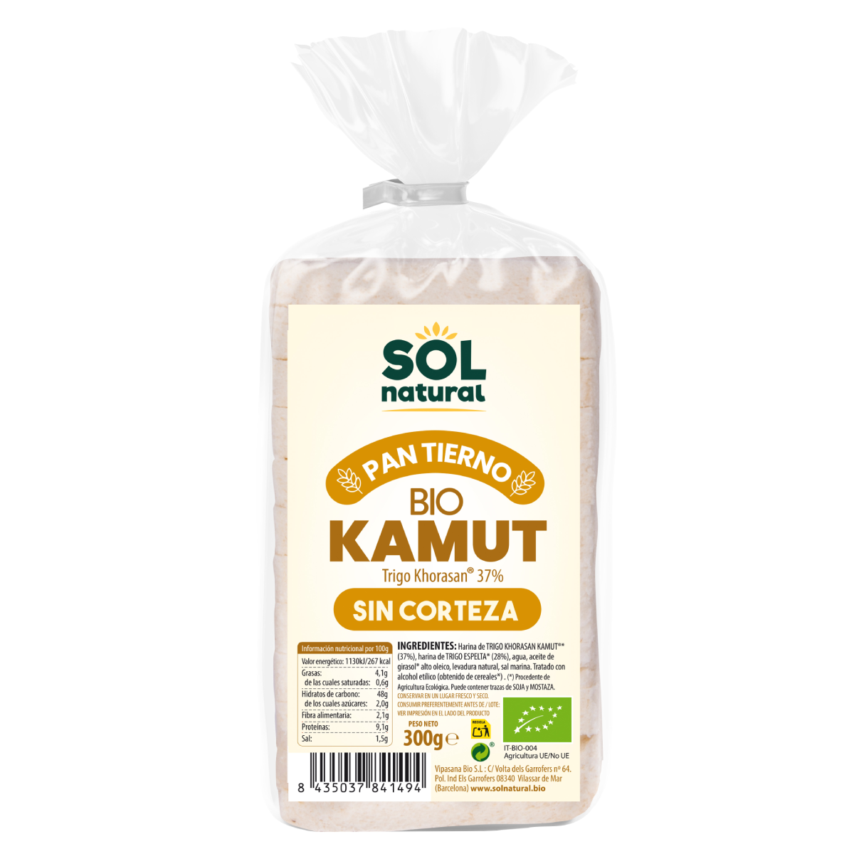 Pane in cassetta di kamut senza crosta Bio Sol Natural 300 g