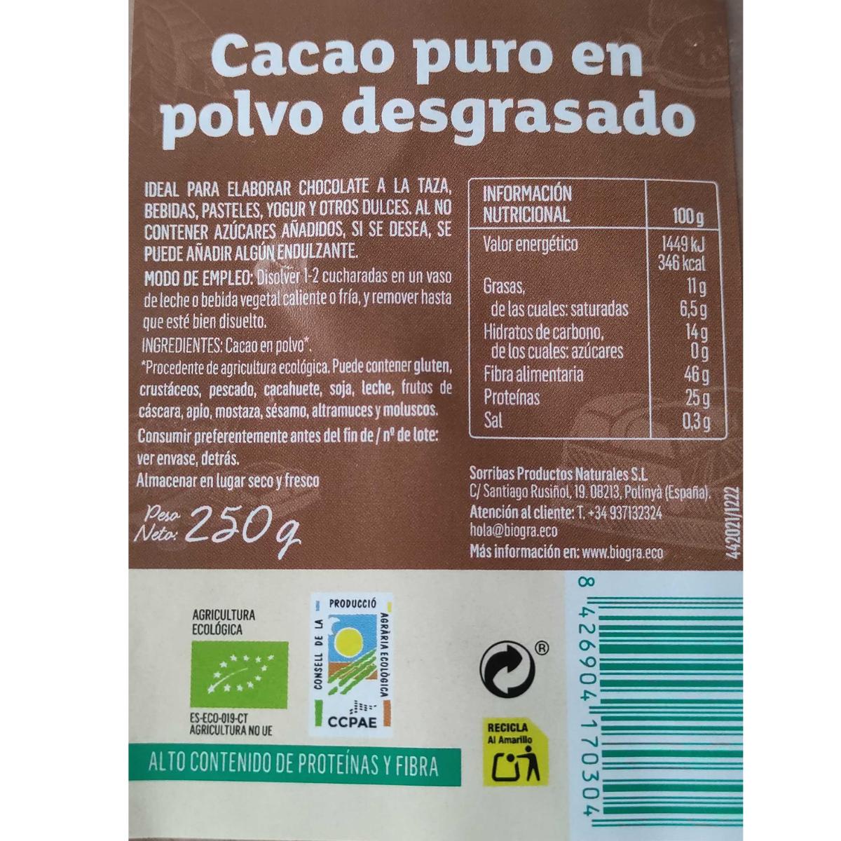 Ren ekologisk avfettad kakaopulver Biográ 250 g