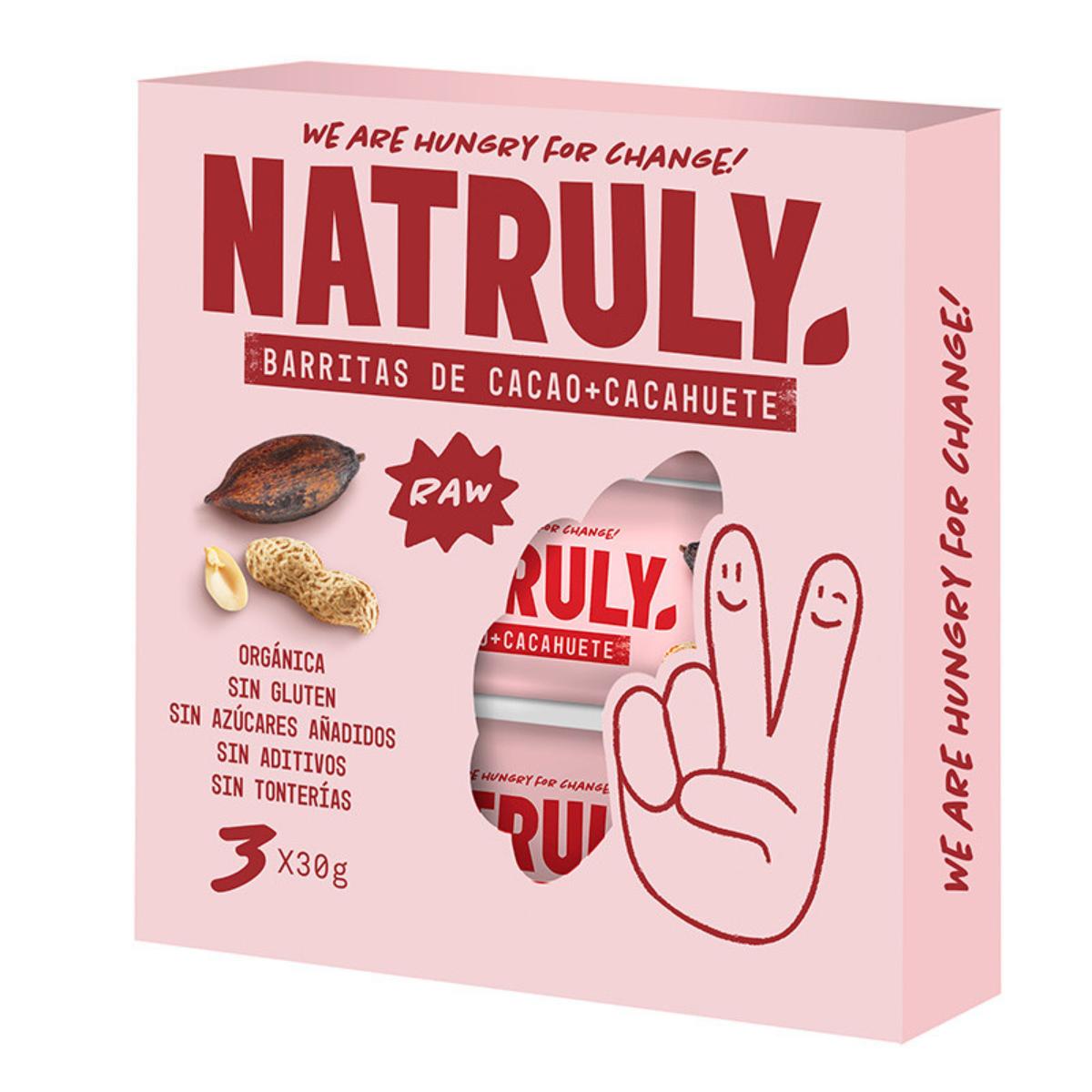 Confezione da 3 barrette Raw BIO al cacao e arachidi Natruly da 30 g