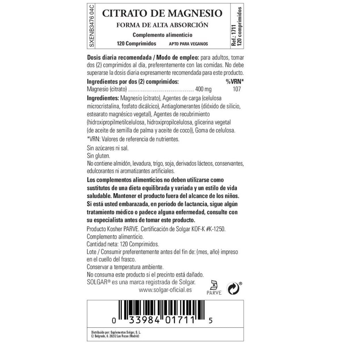 Opakowanie 2 x Cytrynian magnezu 120 tabletek Solgar