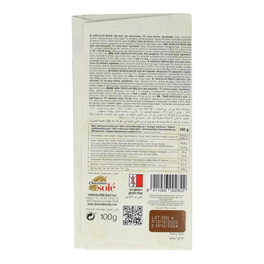 72% Stevia Açai Bitter Chocolate Bar 100 g Solé