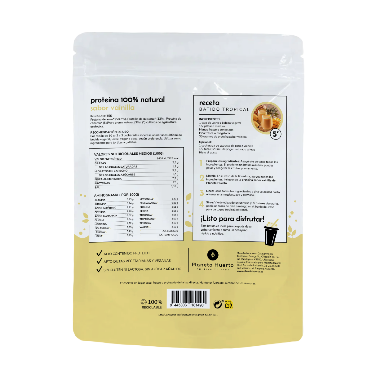 Vegetabiliskt protein Eco 75% vanilj Planeta Huerto 500 g