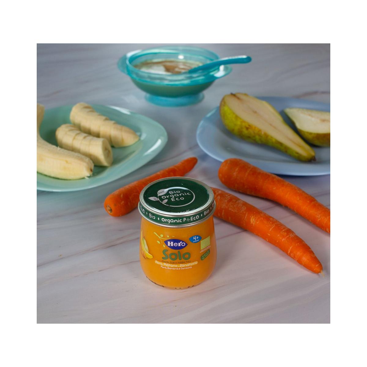 Förmånspaket med 6 burkar med päron, banan och morot BIO, 120 g. Hero Solo