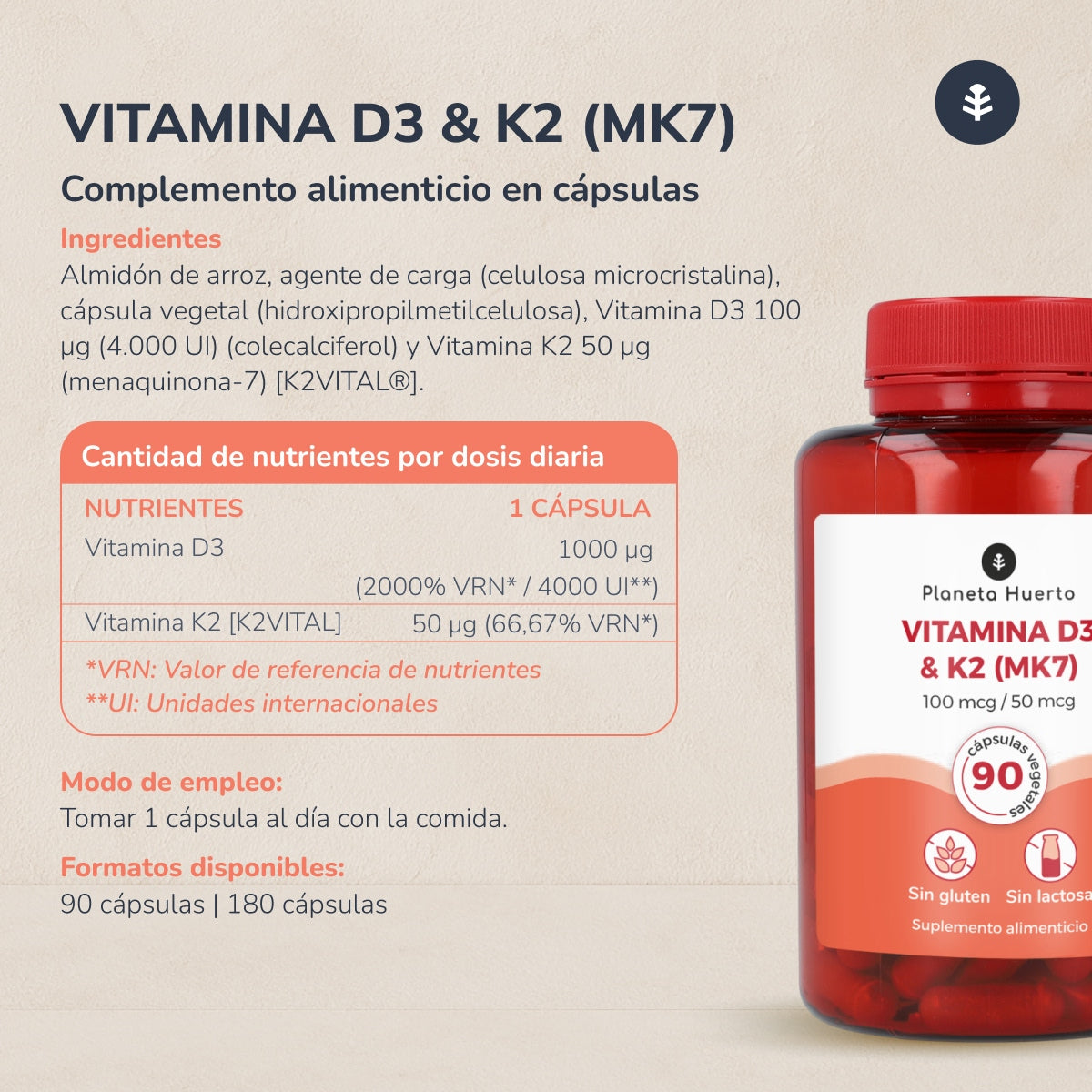 Witamina D3 i K2 Mk7 Planeta Huerto 180 kapsułek