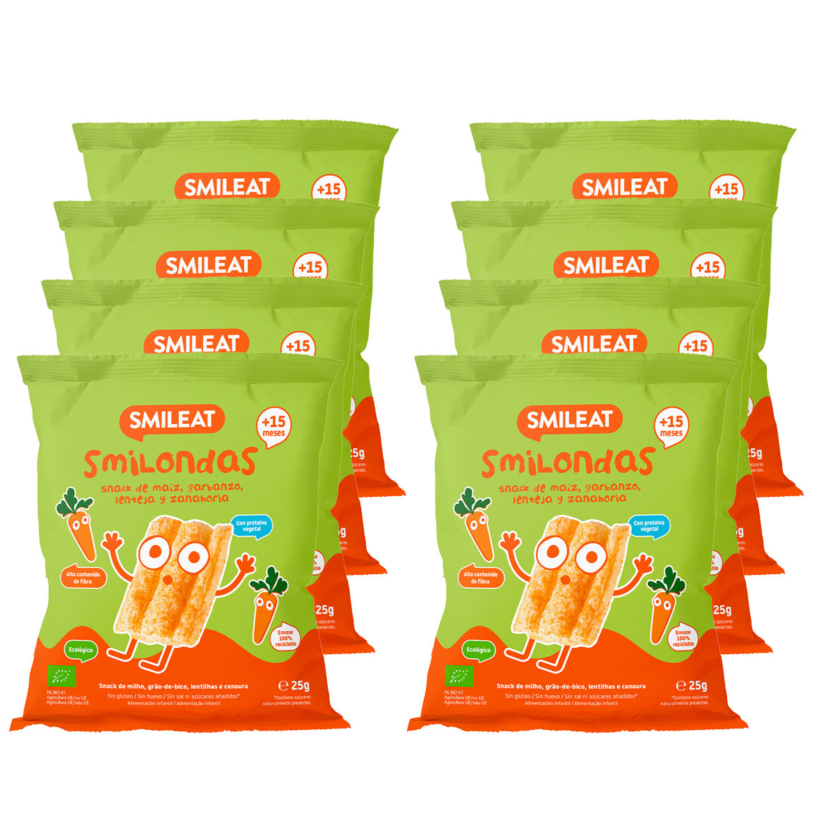 Confezione da 8 snack Smilondas di mais, ceci, lenticchie e carote ecologici, Smileat, 25 g