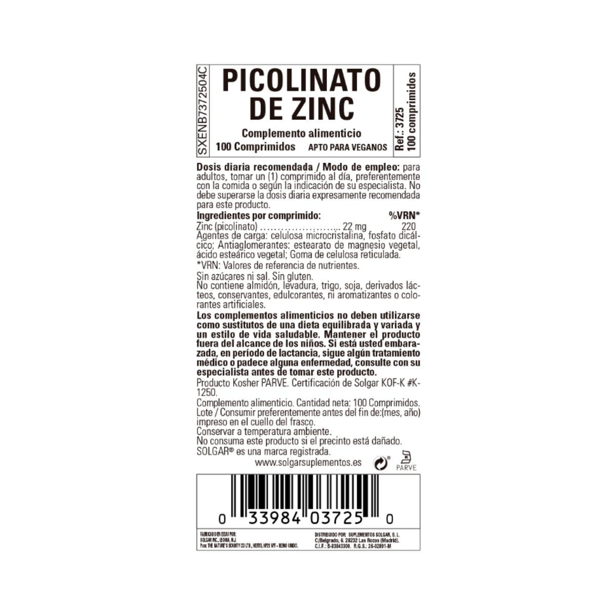 Zinc Picolinato 100 comprimidos de 22mg Solgar
