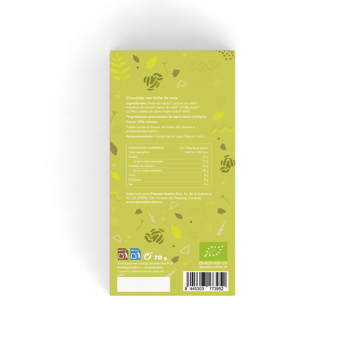 Vegane Kokosnussmilchschokolade 38% ECO Planeta Huerto 70 g