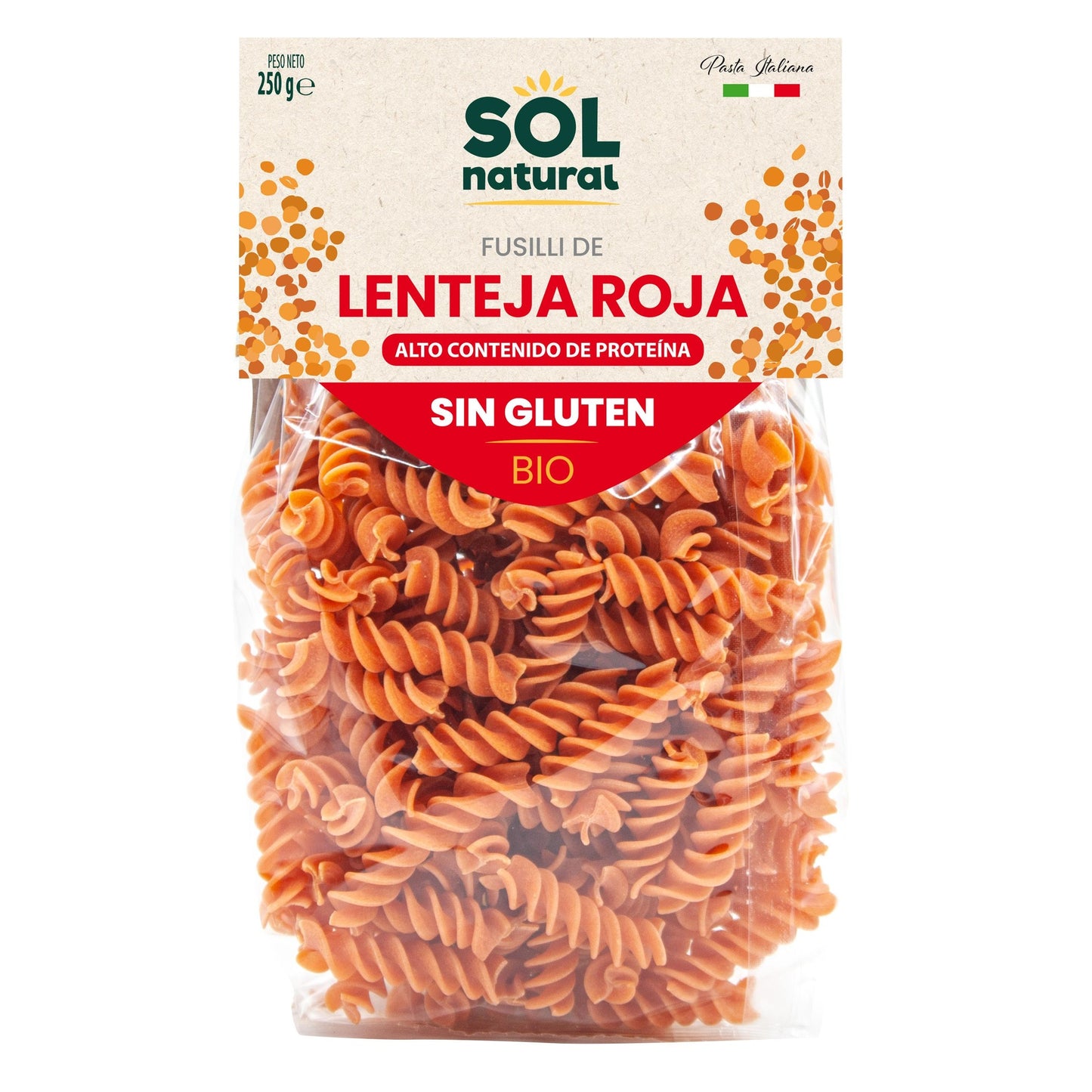 Fusilli aux lentilles rouges sans gluten bio Sol Natural 250 g