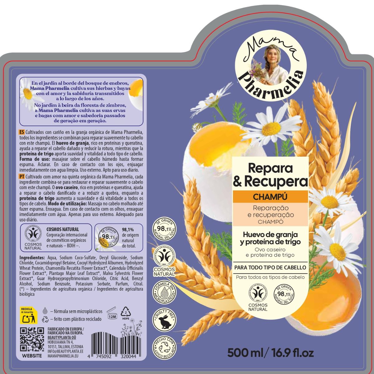 Reparerande och återställande schampo med ägg från gården och veteprotein, Mama Pharmelia, 500 ml