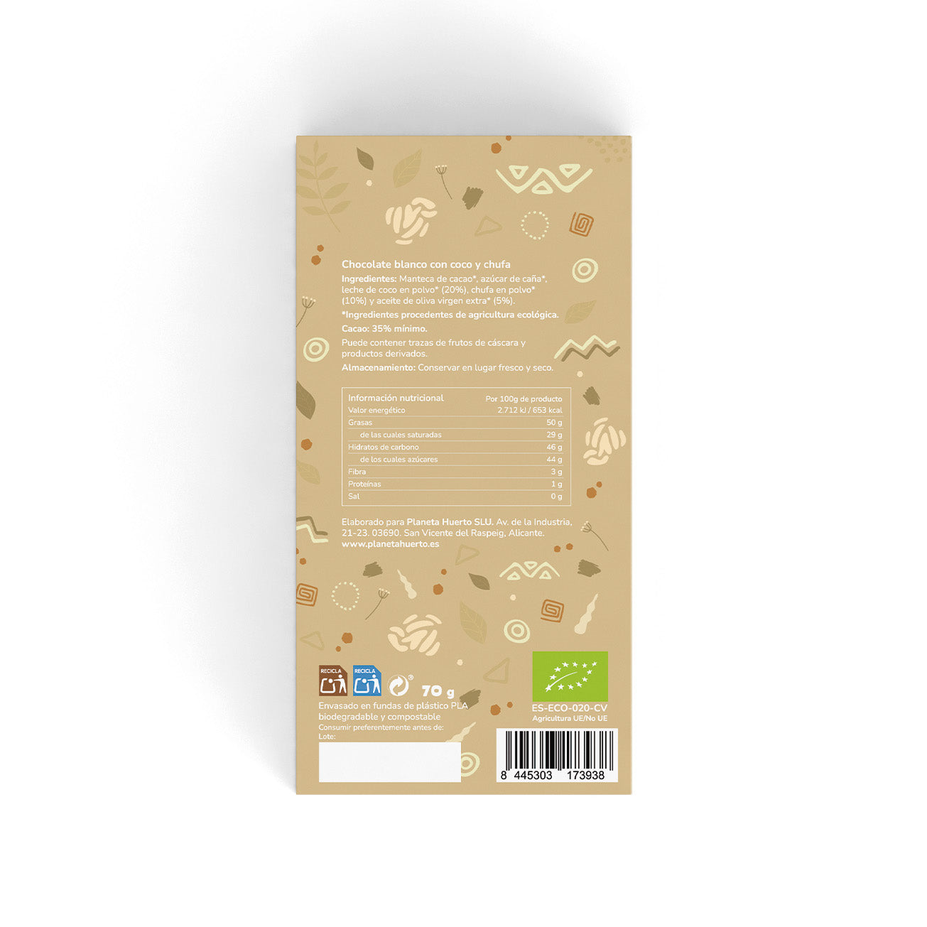 Tablette de chocolat blanc végétalien 35% ECO Planeta Huerto 70 g