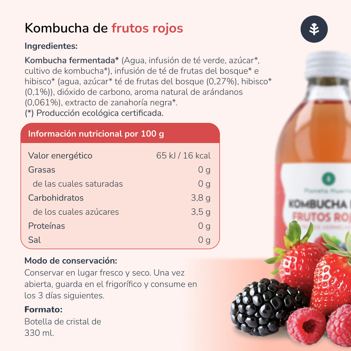 Förpackning 6x Kombucha ECO Red Fruits Planet Orchard 330 ml