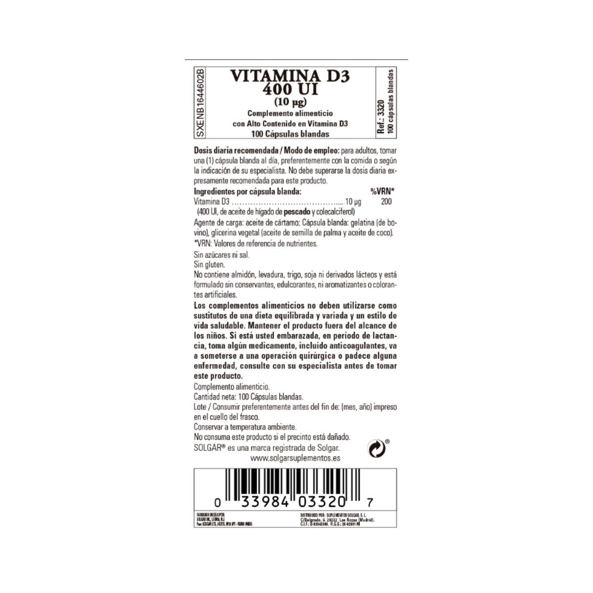 Vitamina D3 400 UI, 100 perle da 10 g