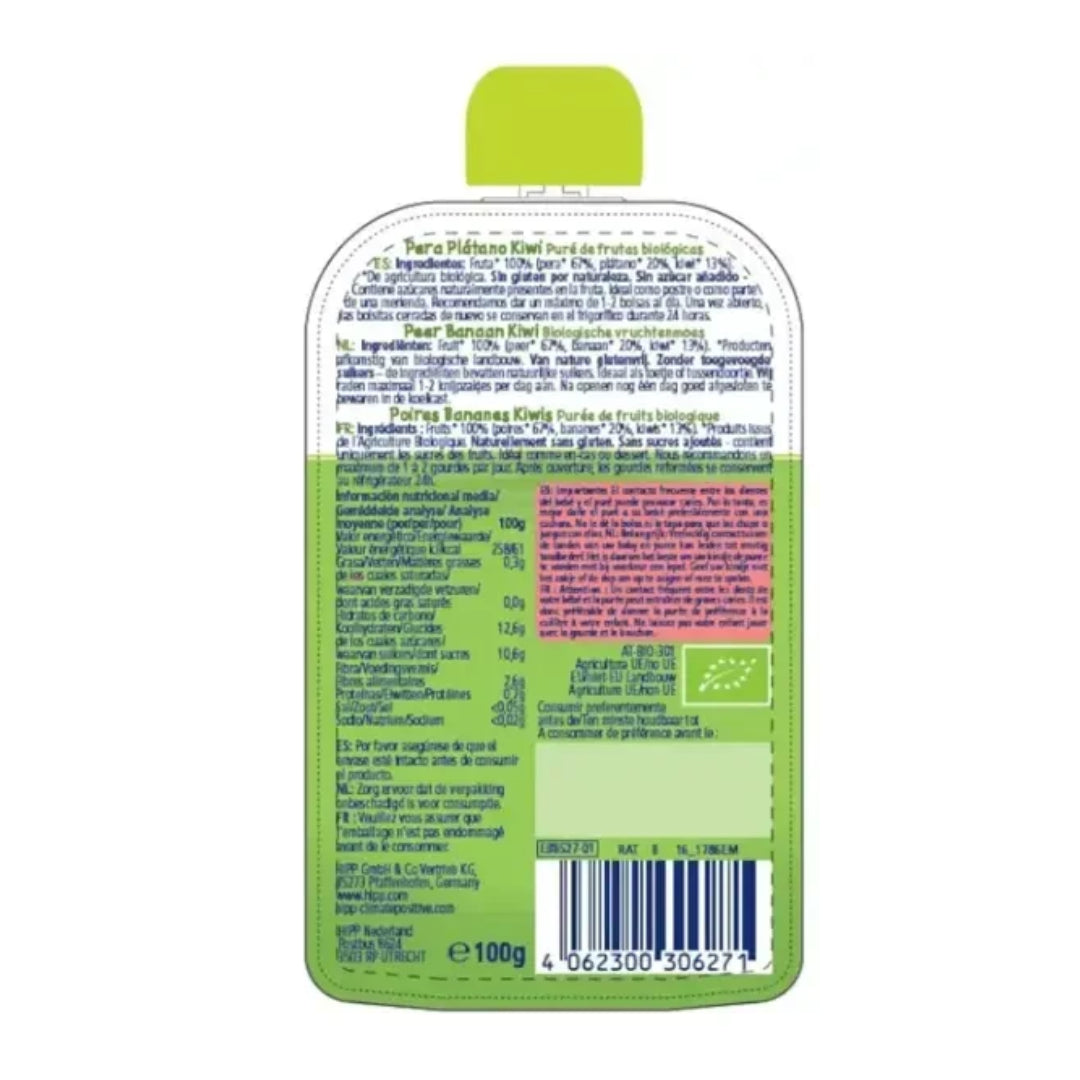 Pochettes de poires, bananes et kiwis bio +6 mois HiPP 100 g