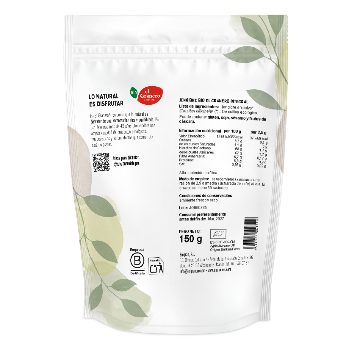 Jengibre Bio El Granero, 150 g