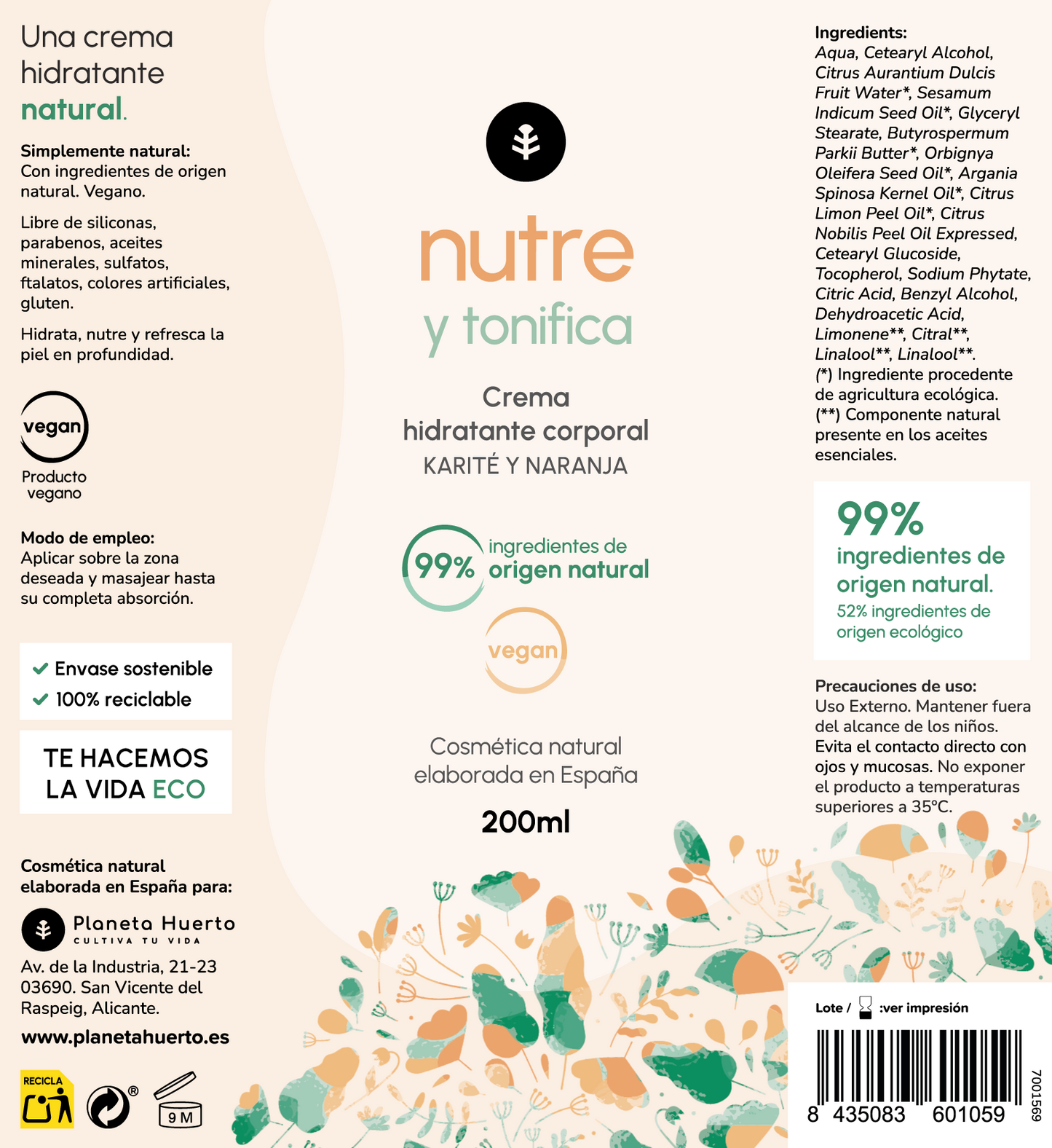 Feuchtigkeitscreme für den Körper mit Sheabutter und Orange Planeta Huerto 200 ml