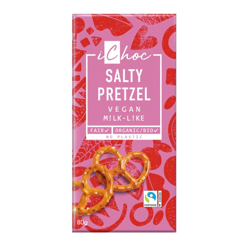 Tavoletta di cioccolato vegano con pezzetti di pretzel biologico Fairtrade iChoc 80 g