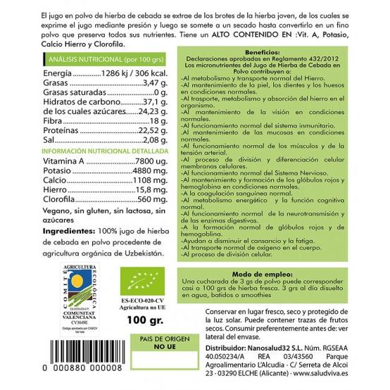 Sok z trawy jęczmiennej w proszku ECO 100 g, Salud Viva