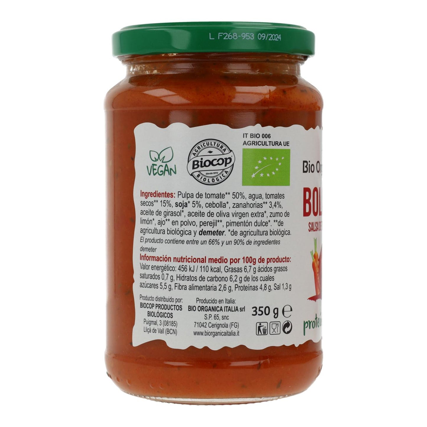 Sauce tomate bolognaise végétalienne bio Demeter Organica Italia 350 ml
