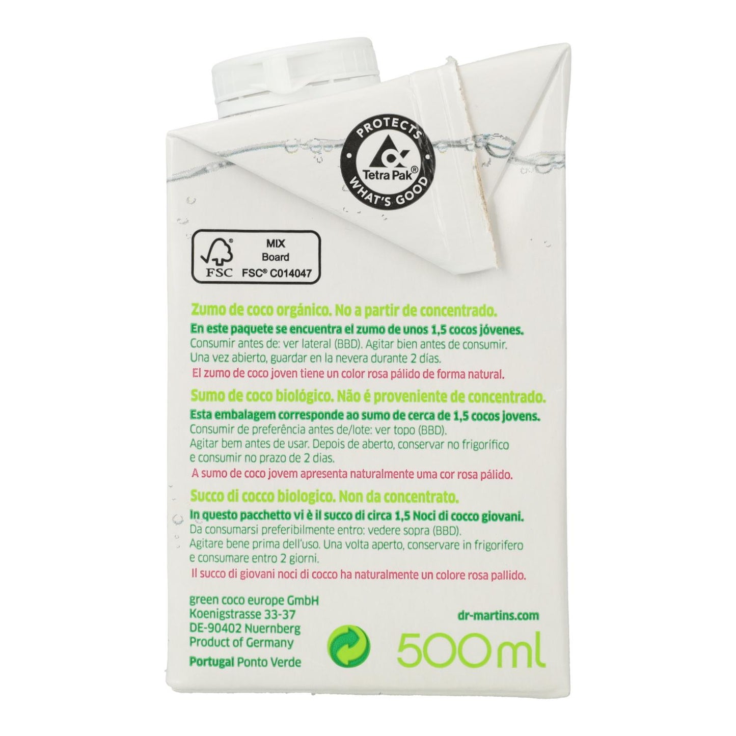 Getränk Natürliches Kokoswasser Dr. Martins 500 ml