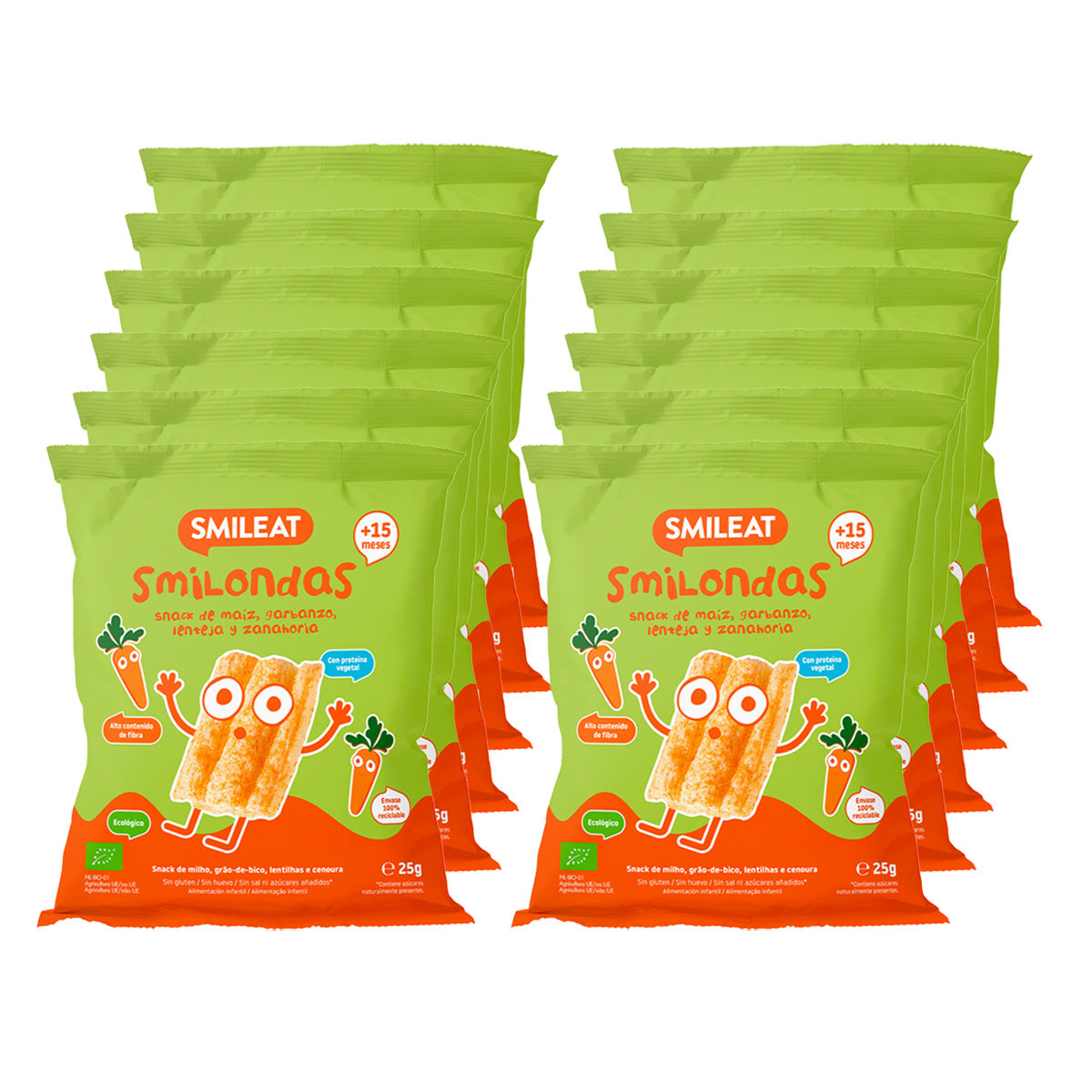 Pack 12x Smilondas Snack au maïs, pois chiches, lentilles et carottes bio, Smileat, 25 g