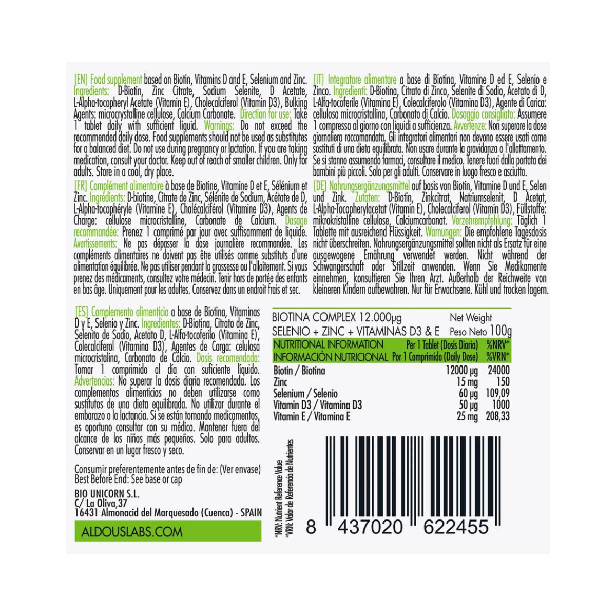 Biotin with Zinc, Selenium, Vitamin D3 and Vitamin E, 400 tablets, Aldous Labs