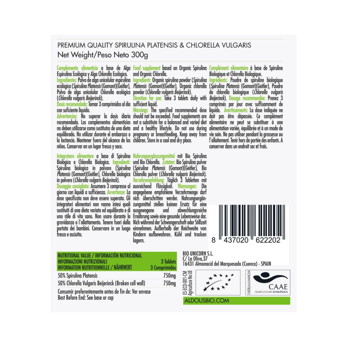 Mix av ekologisk spirulina och chlorella, 600 tabletter Aldous Bio
