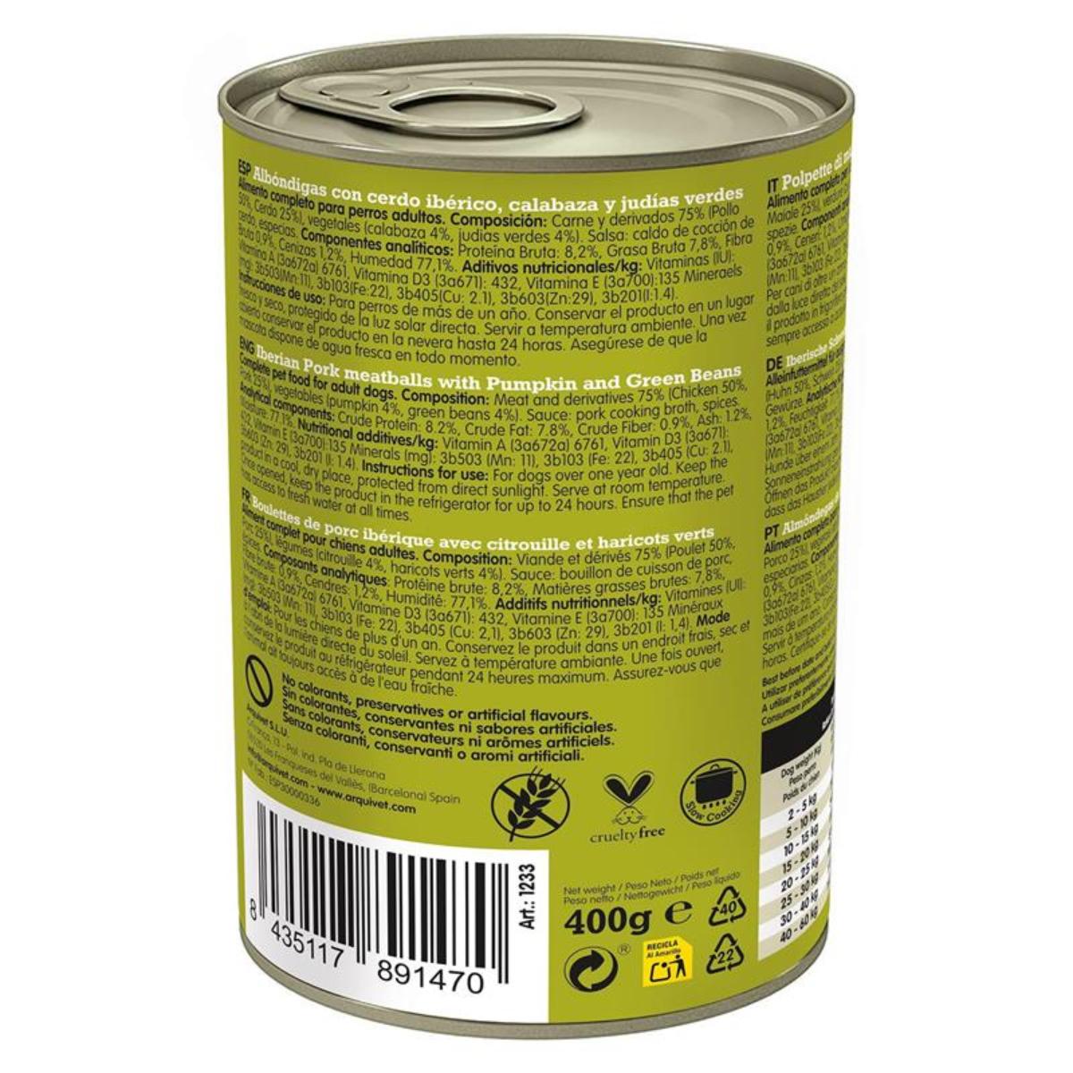 Boulettes de viande de porc frais Arquivet 400 g Nourriture humide pour chien au porc ibérique, potiron et haricots verts